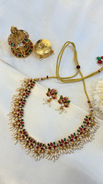 Antique Gold Lotus Guttapusalu Kemp Necklace with Pearl Clusters