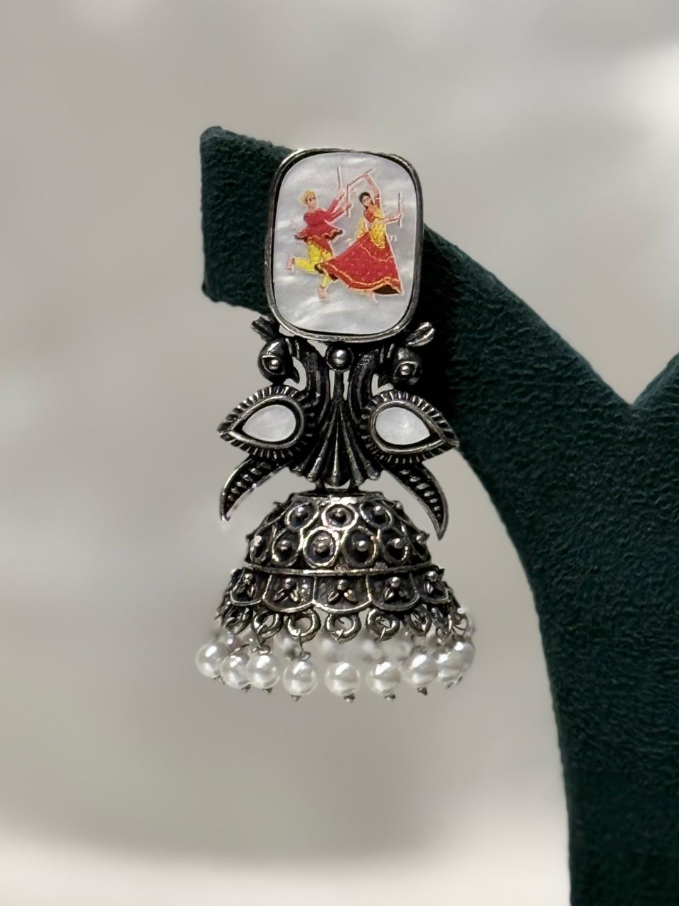 Oxidised Silver Dance Motif Jhumka Earrings with Pearl Drops604