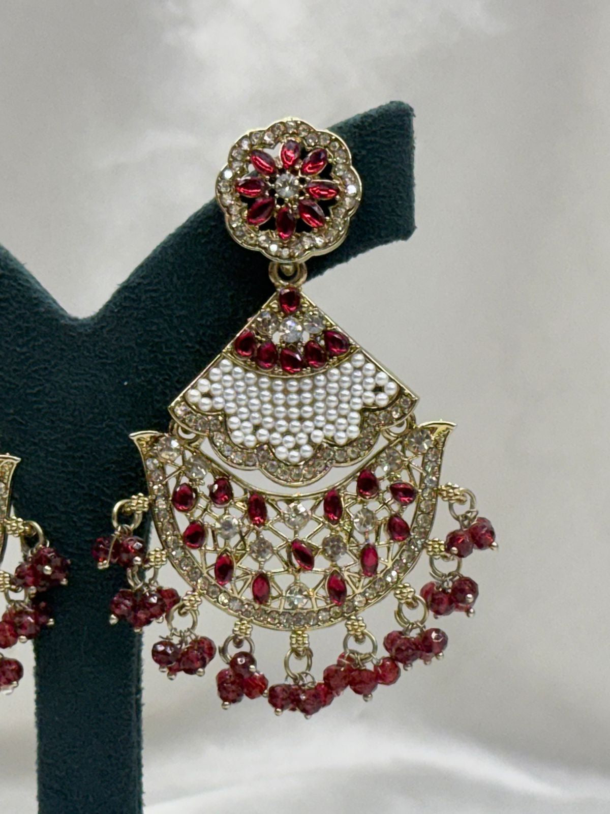 Red Kundan Chandbali Earrings with Pearl & Crystal Drops,llb627