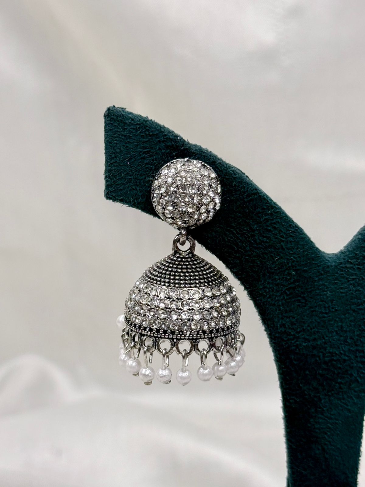 Silver Crystal Jhumka Earrings with Pearl Drops,llb438