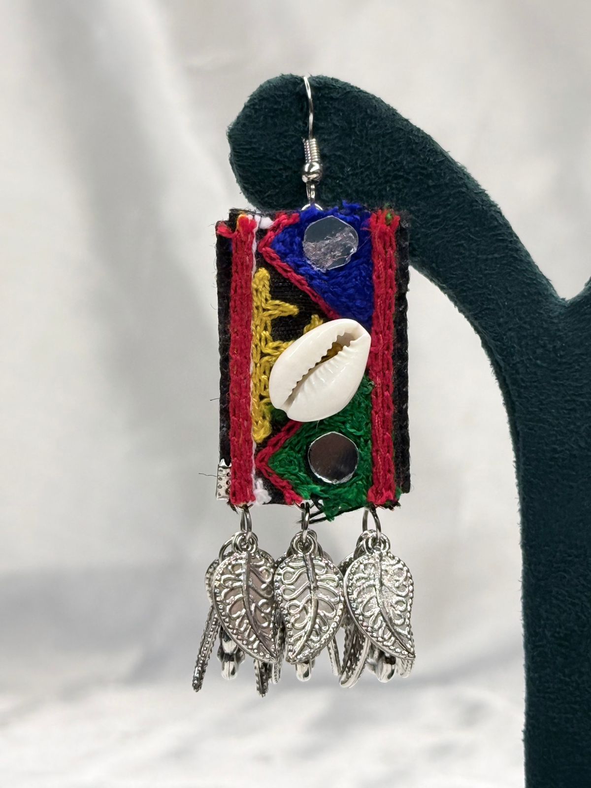 Handcrafted Tribal Fabric Earrings with Cowrie Shell & Silver Char,llb0552