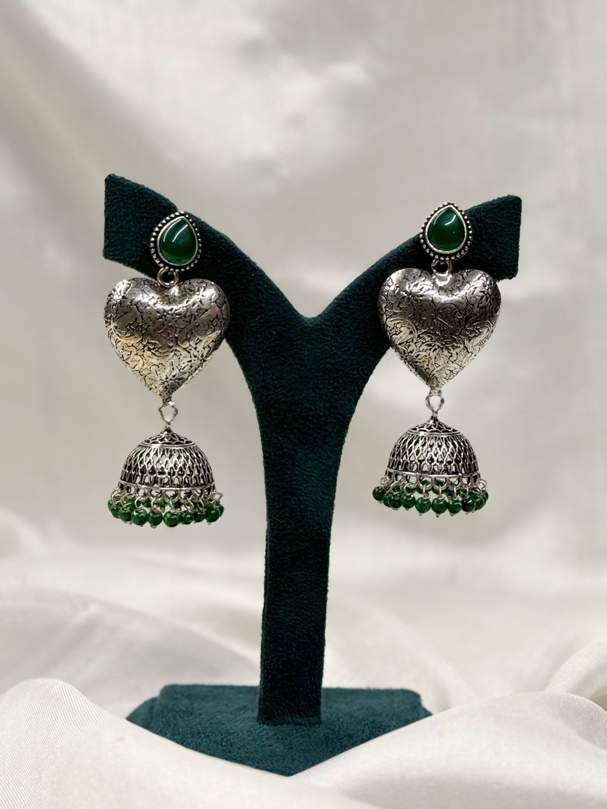 Oxidised Silver Heart Jhumka Earrings with Green Stone,llb442