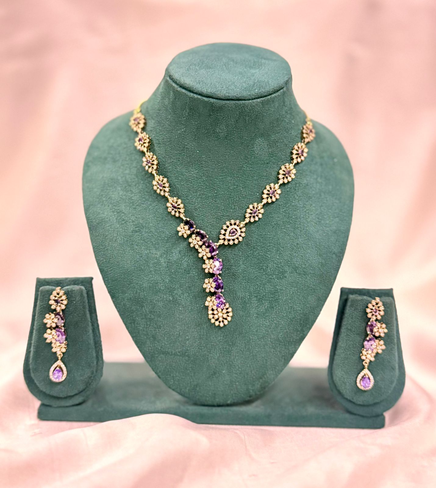 Elegant Purple Stone Floral Necklace Set with Diamond Finish,llb428