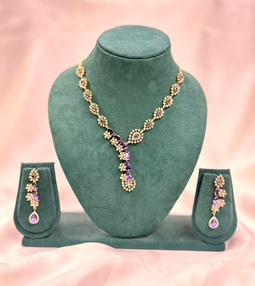 Elegant Purple Stone Floral Necklace Set with Diamond Finish,llb428