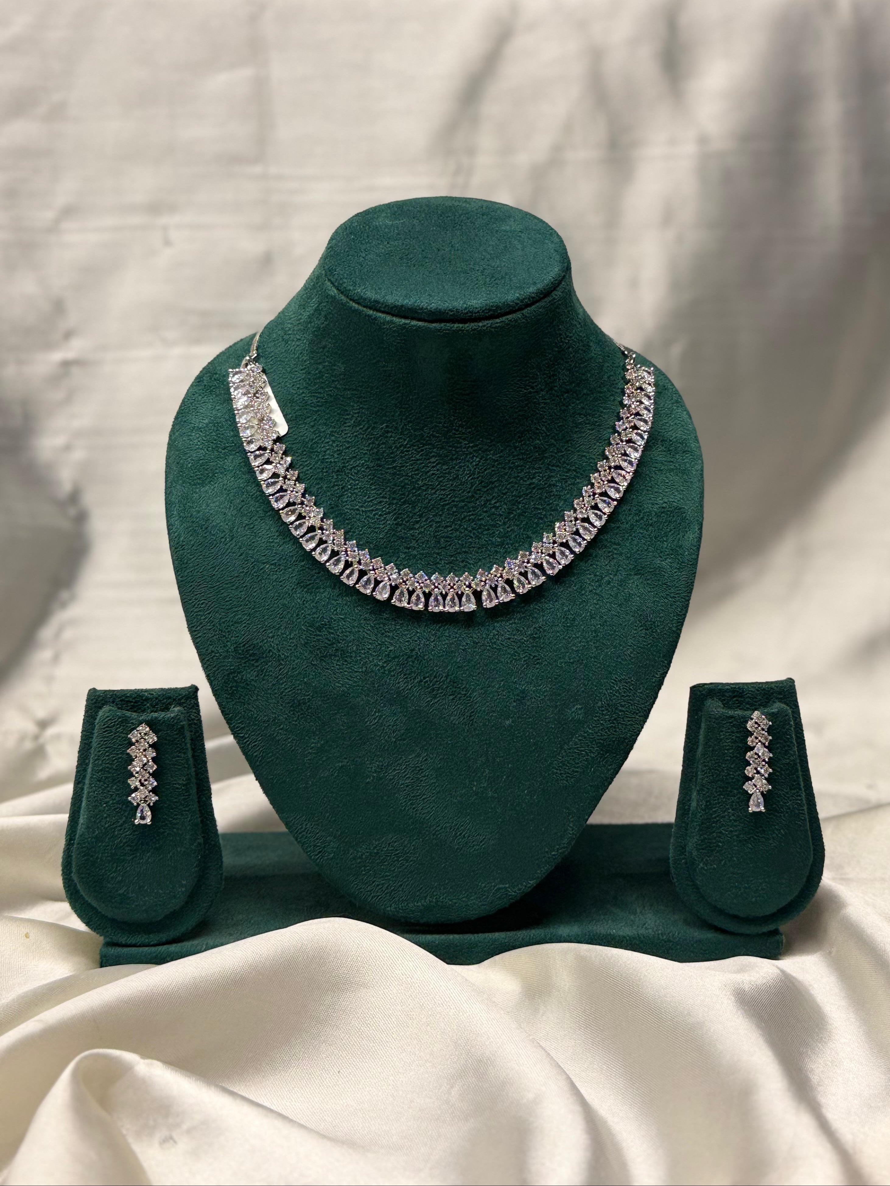 Stunning Silver Diamond Necklace Set with Matching Earrings.llb331