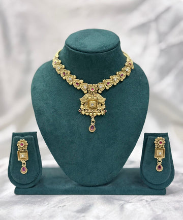Antique Temple Gold Necklace Set with Ruby Stones & Lakshmi Motif,llb426