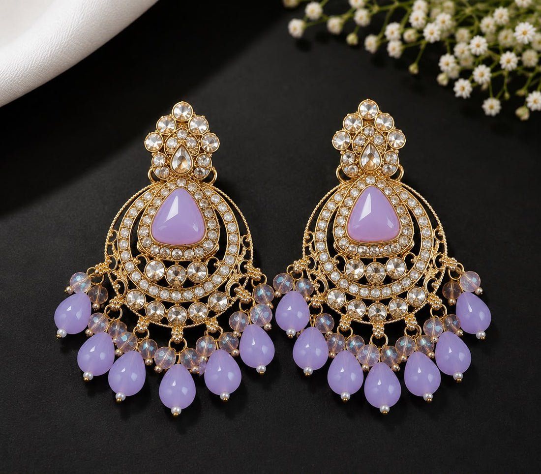 Lavender Chandbali Earrings with Crystal & Bead Drops |llb0144
