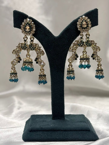 Green Kundan Jhumka Earrings with Crystal Stones,llb621