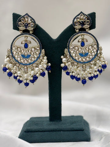 Blue Kundan Chandbali Earrings with Pearl Drops,llb622