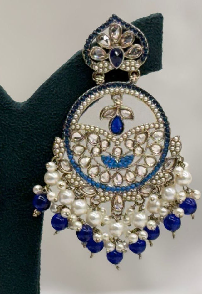 Blue Kundan Chandbali Earrings with Pearl Drops,llb622