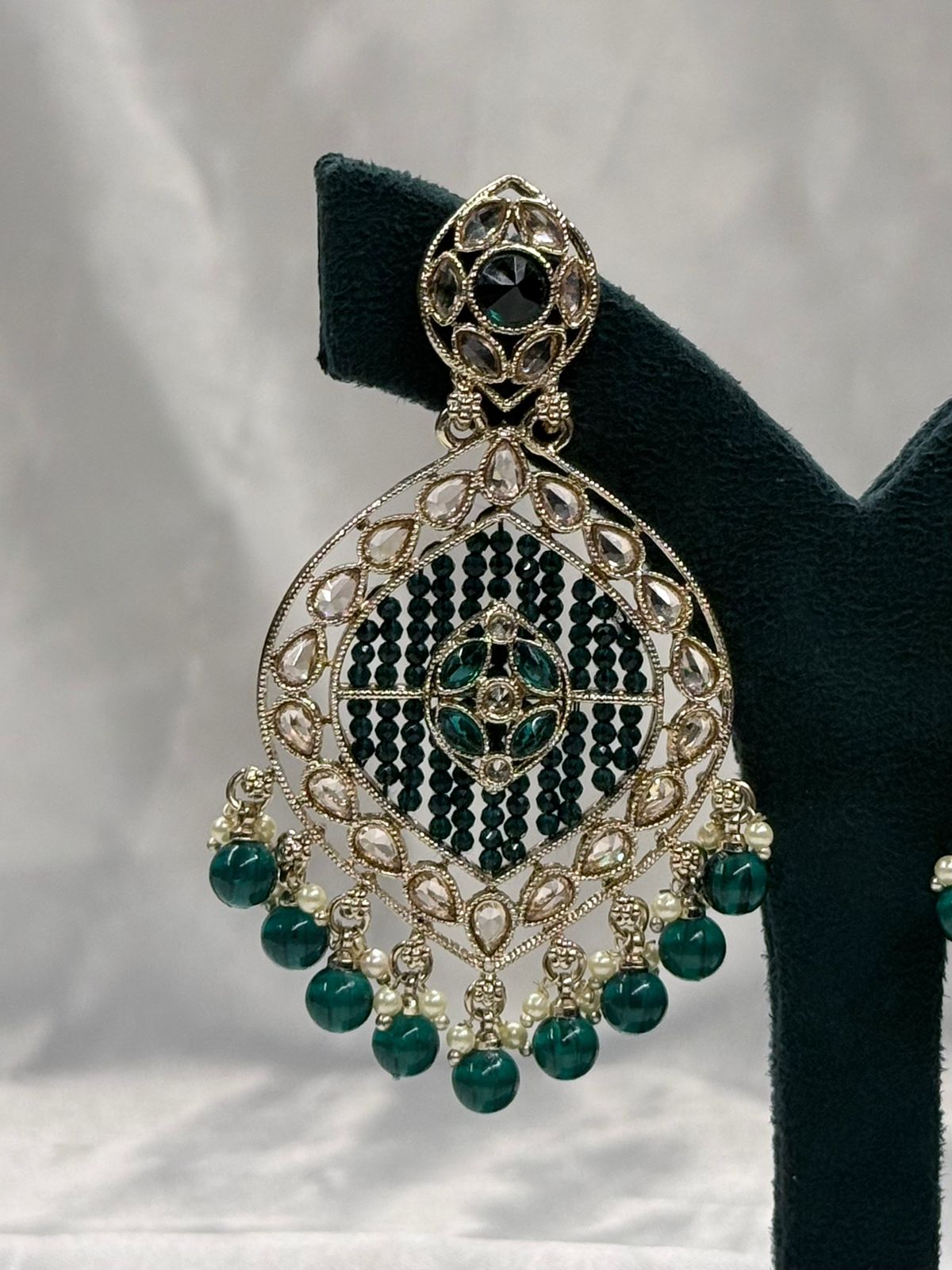 Gold Finish Green Stone Chandbali Earrings with Bead Hangings,llb554