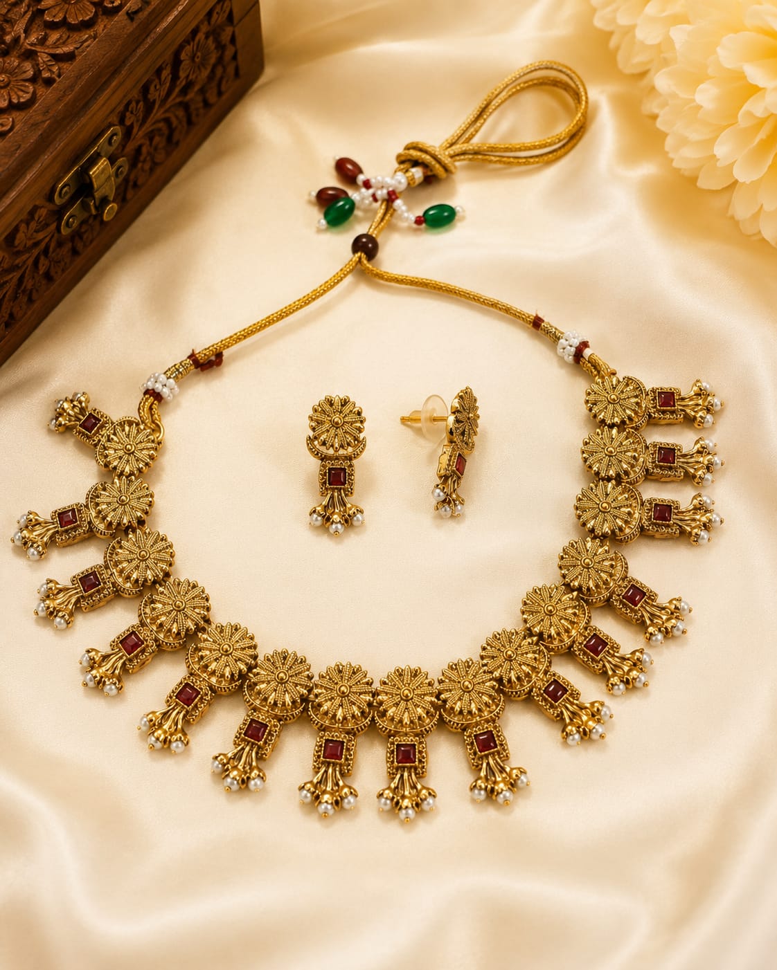 Antique Gold Floral Disc Necklace Set | OL118