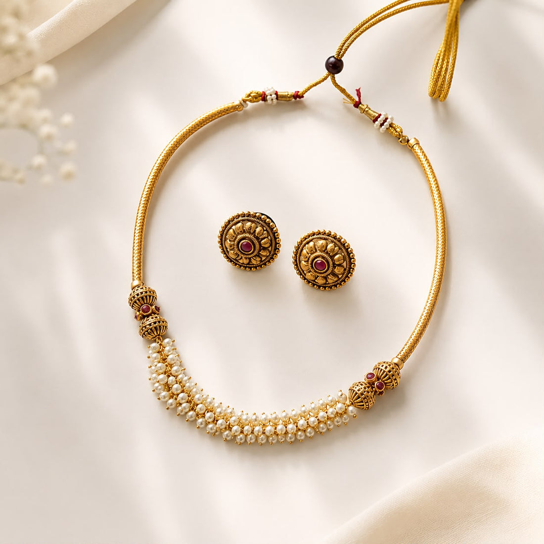 Antique Gold Pearl Cluster Choker Necklace Set with Ruby Stud Earrings | OL95