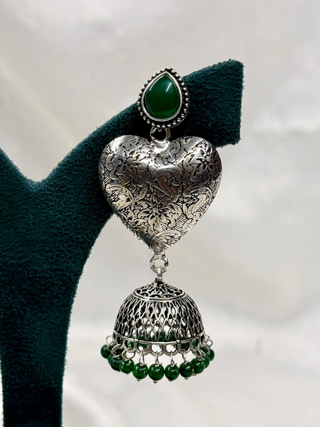 Oxidised Silver Heart Jhumka Earrings with Green Stone,llb442