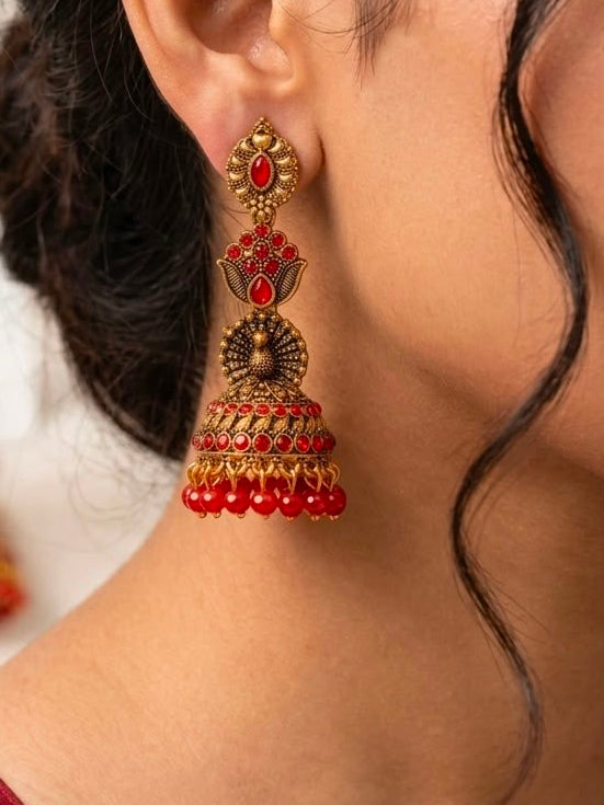 Red Antique Gold Jhumka Earrings | llb0149