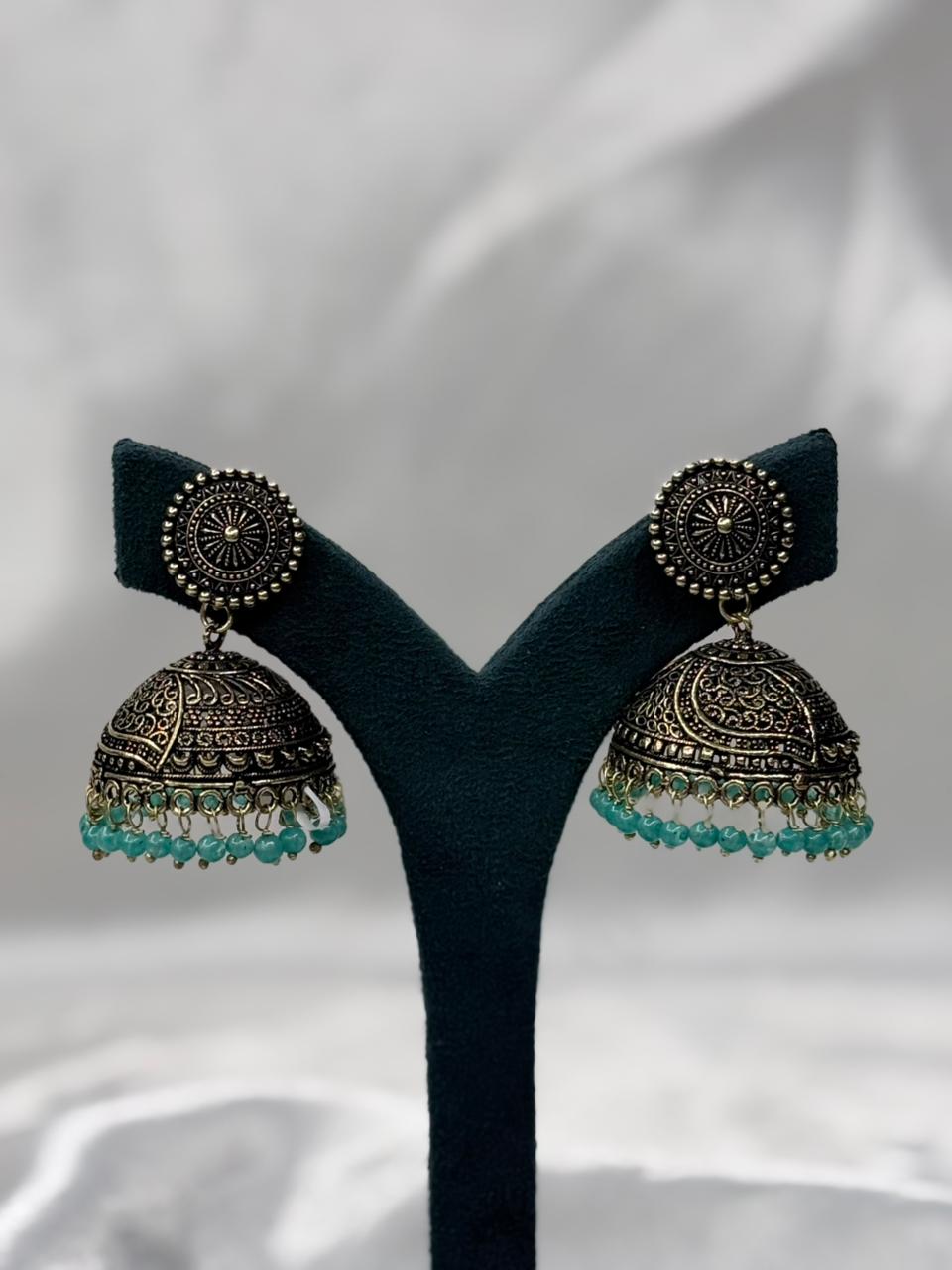 Antique Gold Oxidised Jhumka Earrings with Green Beads,llb585