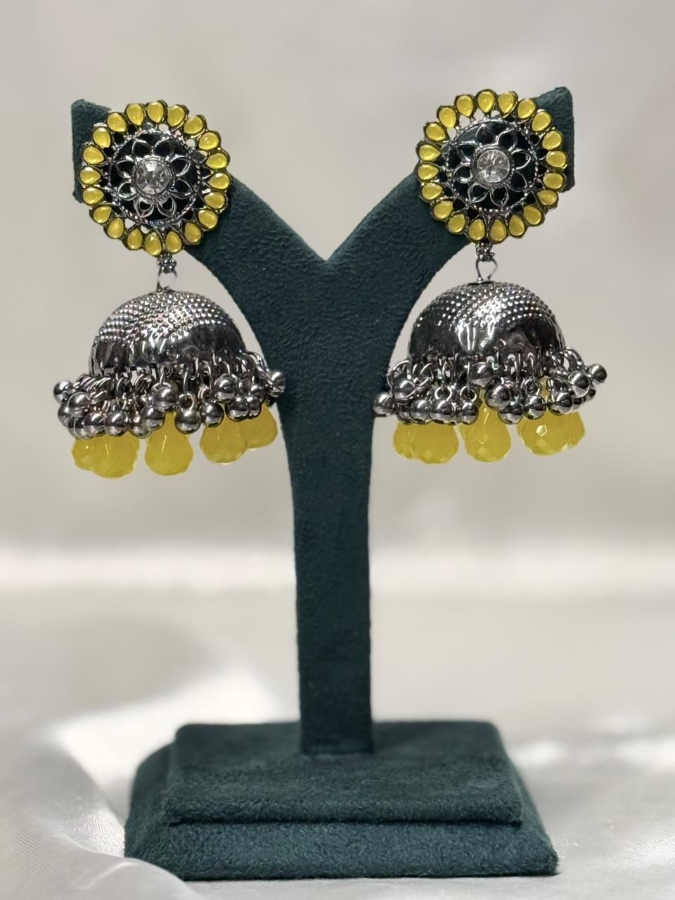 Yellow Stone Oxidised Silver Jhumka Earrings for Women,llb597