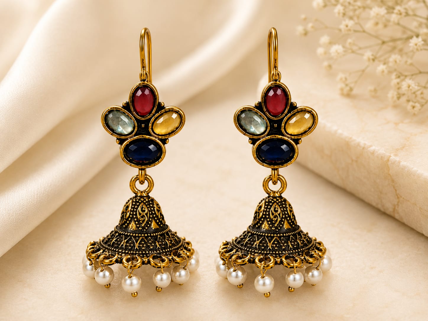 Oxidised Gold Navratna Stone Jhumka Earrings with Pearl Drops | LLB0180