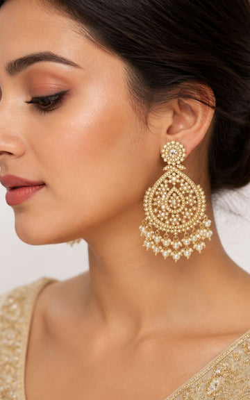 Gold Polki Chandbali Earrings with Pearl Drops | llb998