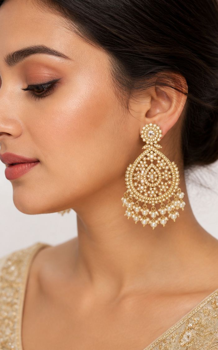 Gold Polki Chandbali Earrings with Pearl Drops | llb998