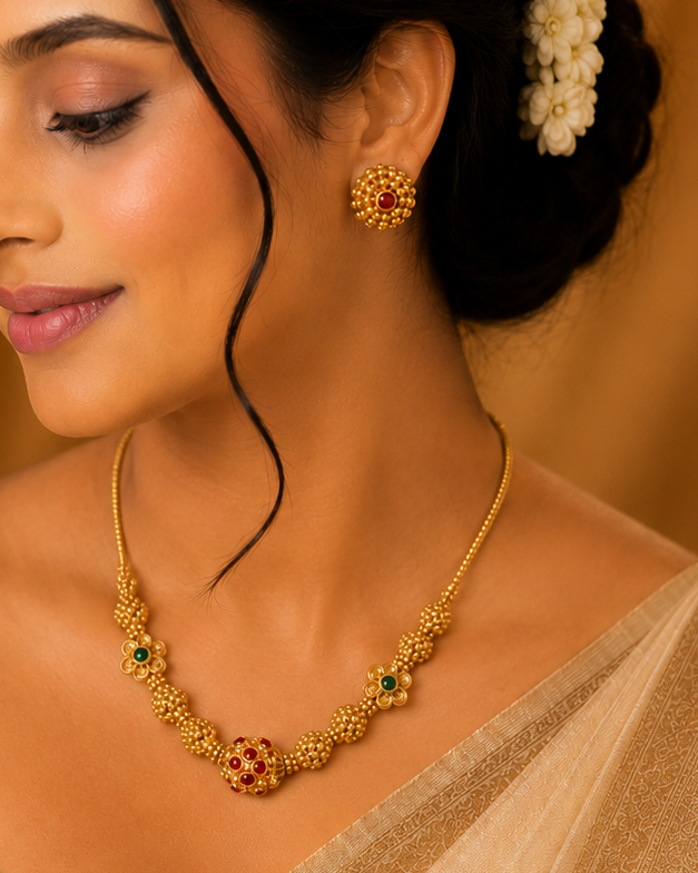 Antique Gold Granulation Ball Bead Necklace Set | OL188