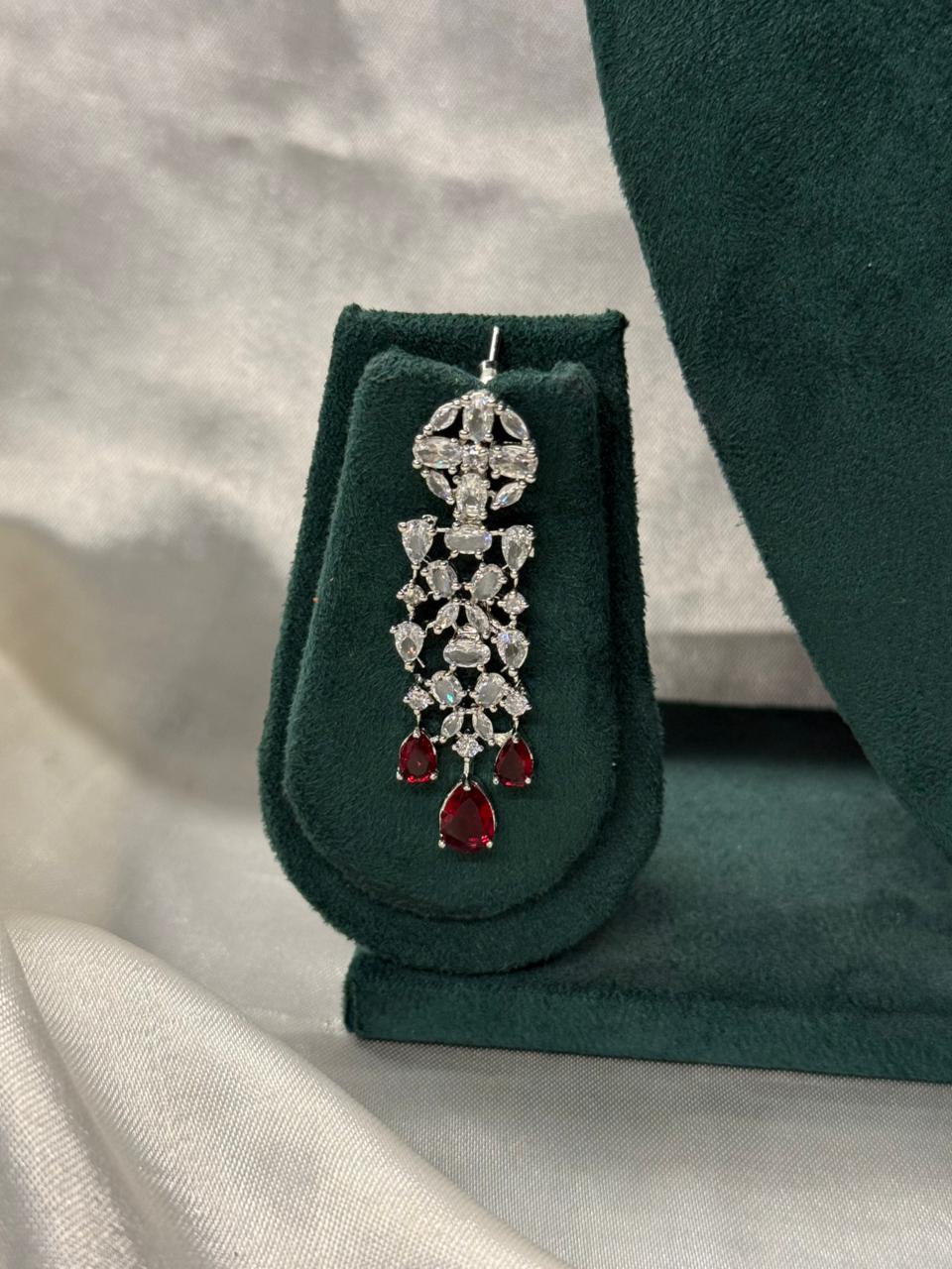 Silver CZ Necklace Set with Ruby Red Teardrop Stone,llb338
