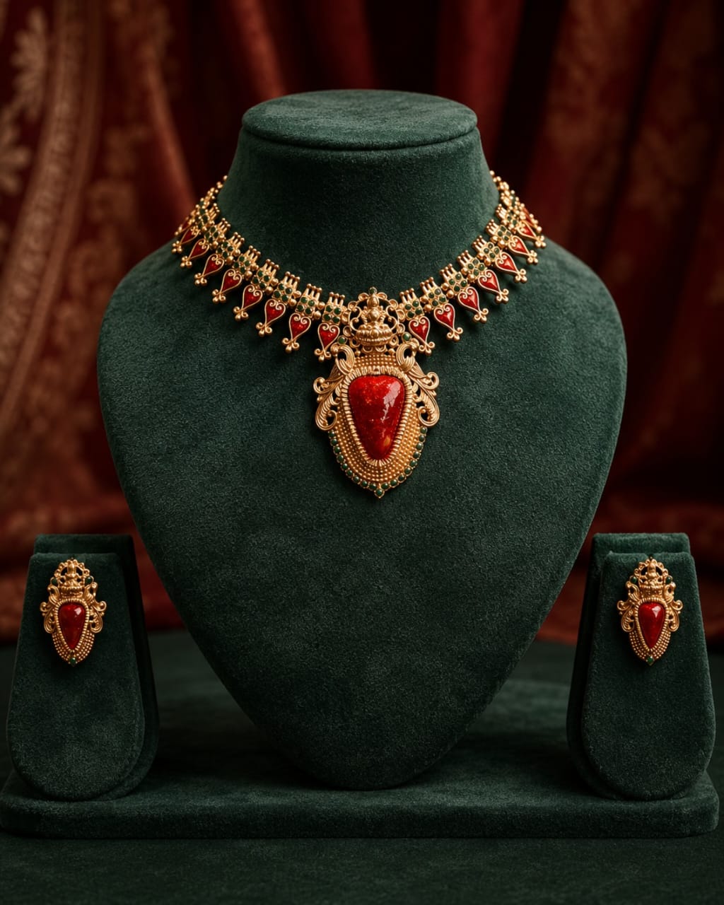 Antique Gold Large Ruby Cabochon Nakshi Temple Necklace Set | OL 163