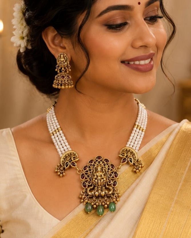 Antique Gold Nakshi Lakshmi Pearl Strand Necklace Set | OL186