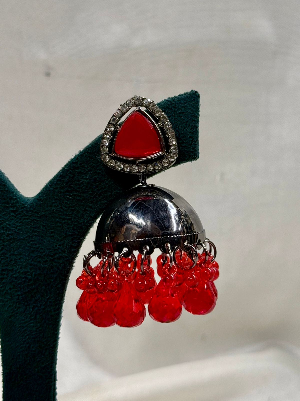 Oxidised Silver Red Stone Jhumka Earrings with Beads,llb4422