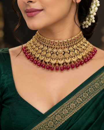 Antique Gold Plated Traditional Bridal Necklace with Royal Red Stone Drops | LA8699