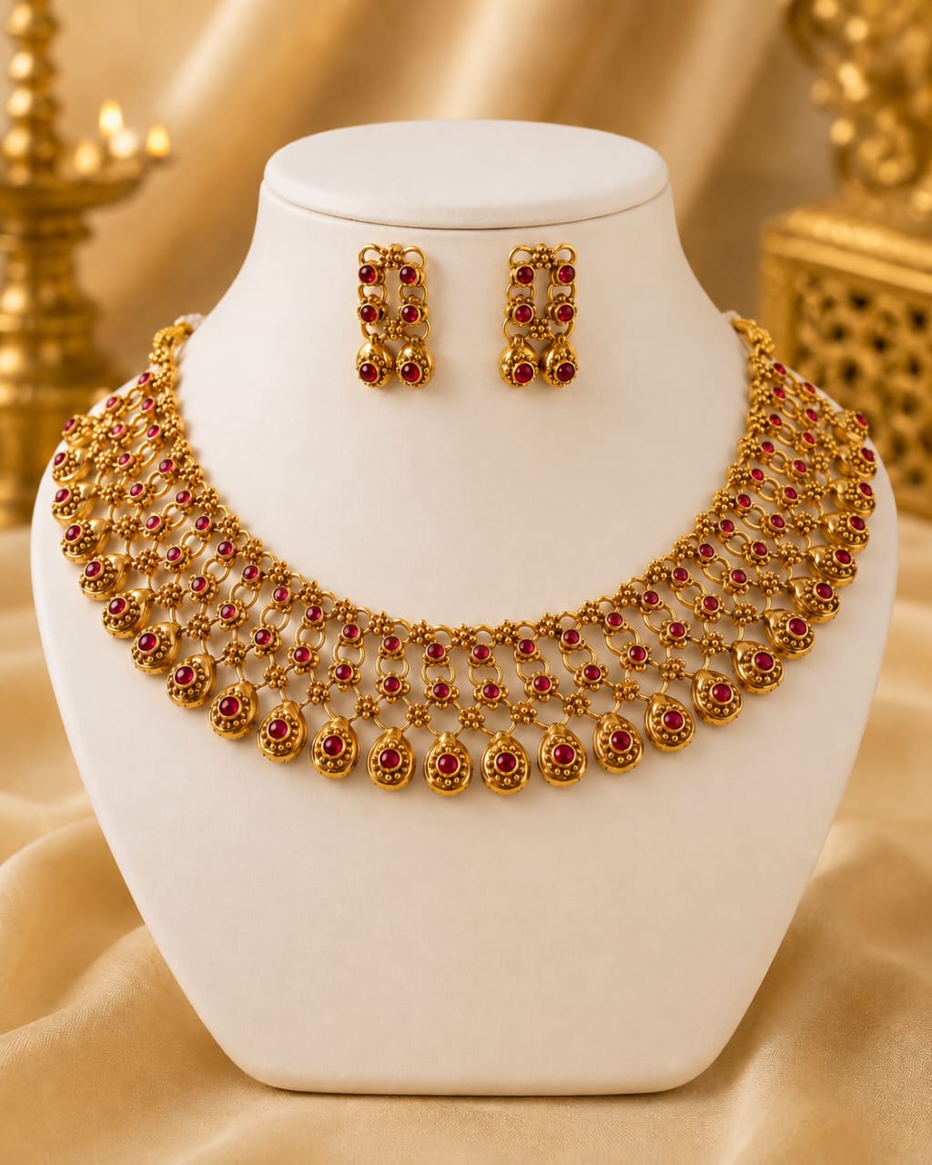 Antique Gold Ruby Kemp Lattice Mesh Choker Necklace Set | OL164
