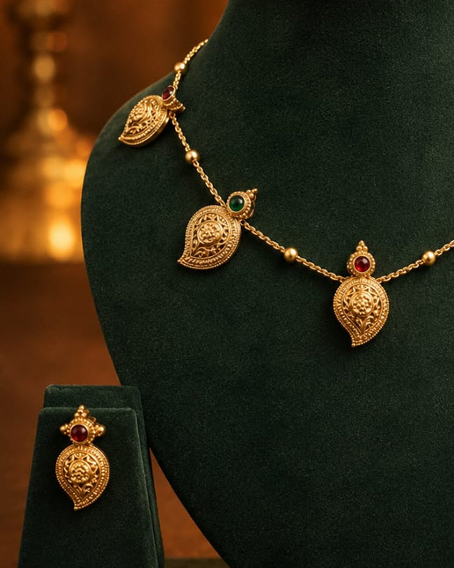 Antique Gold Nakshi Mango Motif Multi-Pendant Necklace Set | OL 183