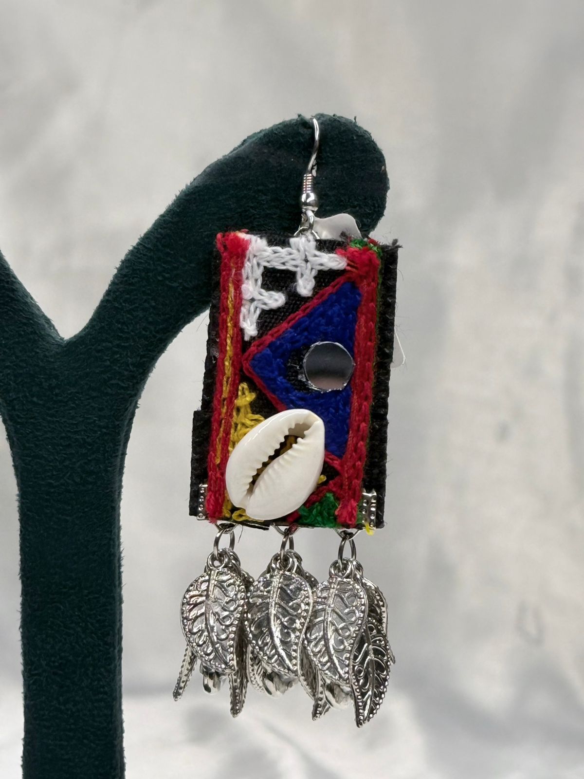 Handcrafted Tribal Fabric Earrings with Cowrie Shell & Silver Char,llb0552