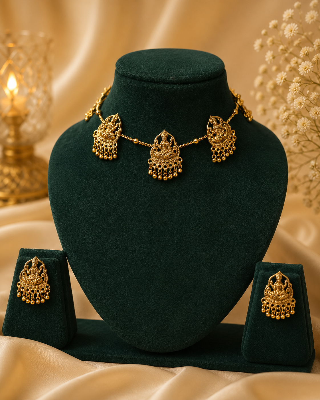 Antique Gold Nakshi Lakshmi Temple Multi-Pendant Choker Set | OL 184