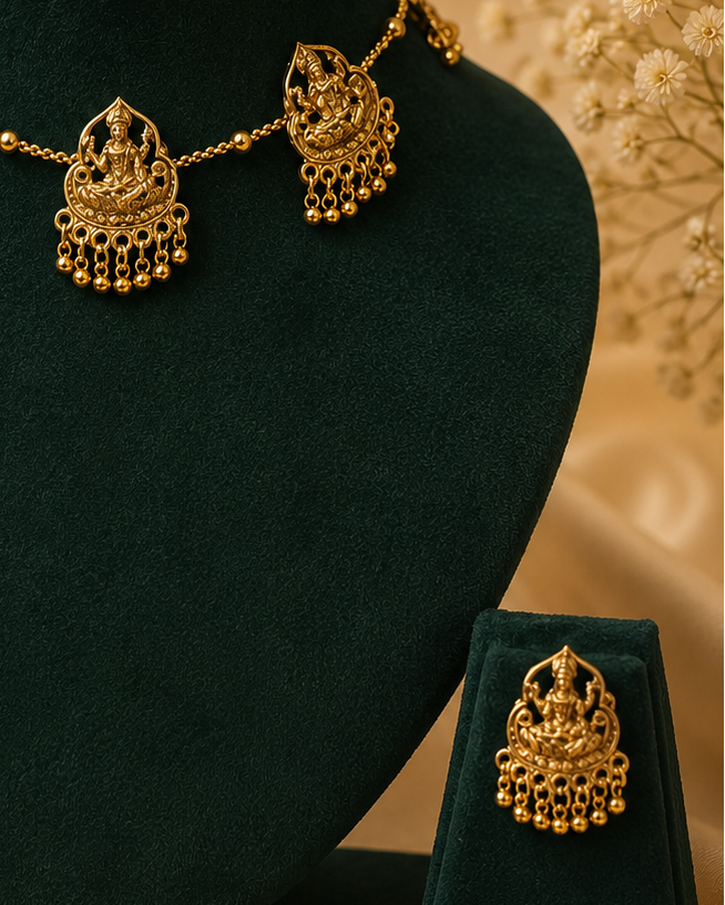 Antique Gold Nakshi Lakshmi Temple Multi-Pendant Choker Set | OL 184