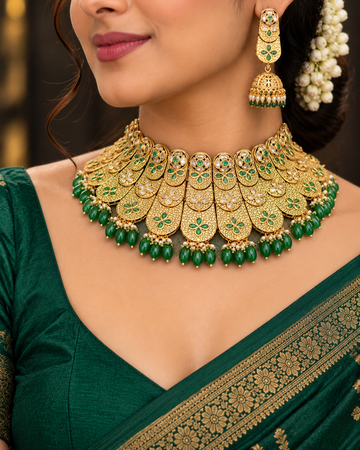 Gold Finish Bridal Necklace Set with Green Stones and Pearl Bead Drops | L8728