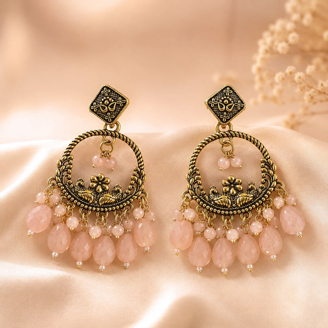 Antique Gold Blush Pink Crystal Chandbali Earrings | llb0159