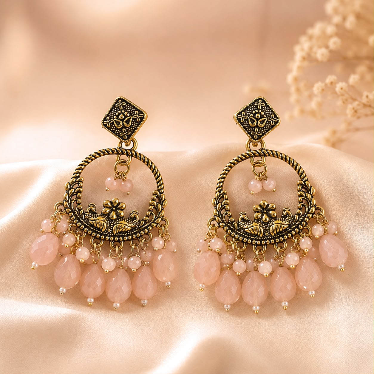 Antique Gold Blush Pink Crystal Chandbali Earrings | llb0159