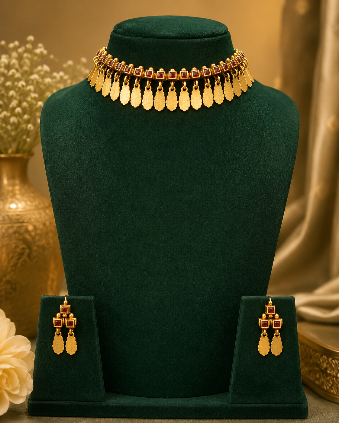 Gold Emerald Square Kemp Gold Ball Choker Necklace Set | ONK116