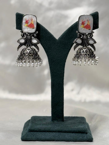 Oxidised Silver Dance Motif Jhumka Earrings with Pearl Drops604
