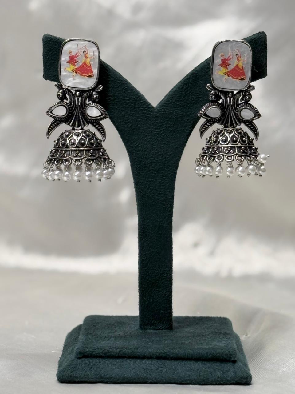 Oxidised Silver Dance Motif Jhumka Earrings with Pearl Drops604