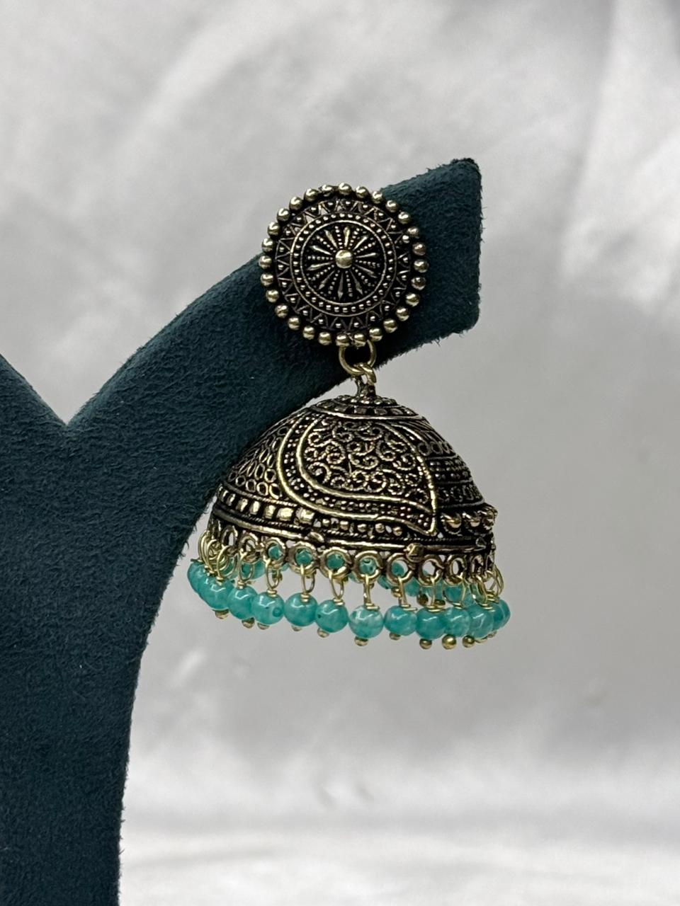 Antique Gold Oxidised Jhumka Earrings with Green Beads,llb585
