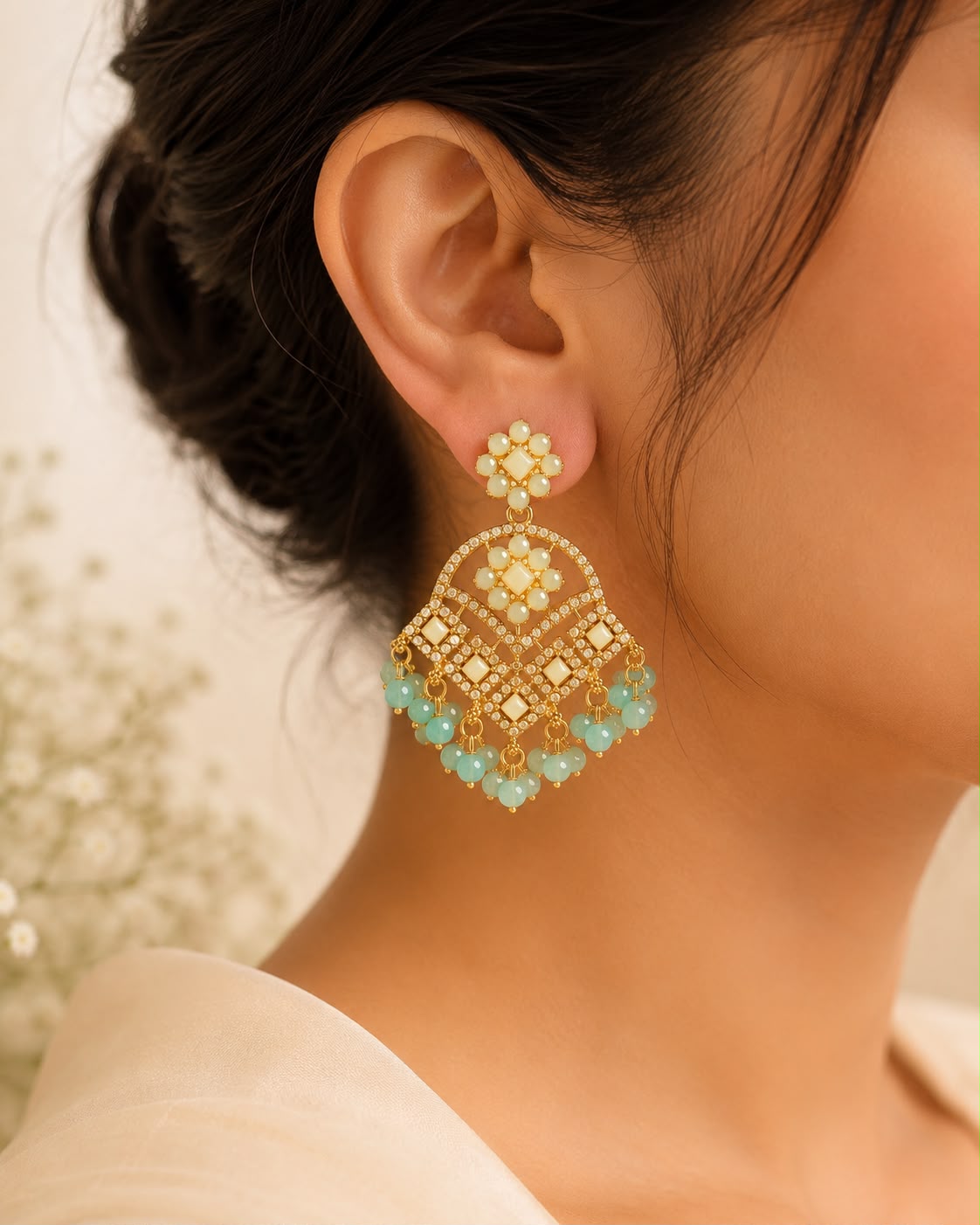 Mint Green Gold Mirror Chandbali Earrings |llb0152