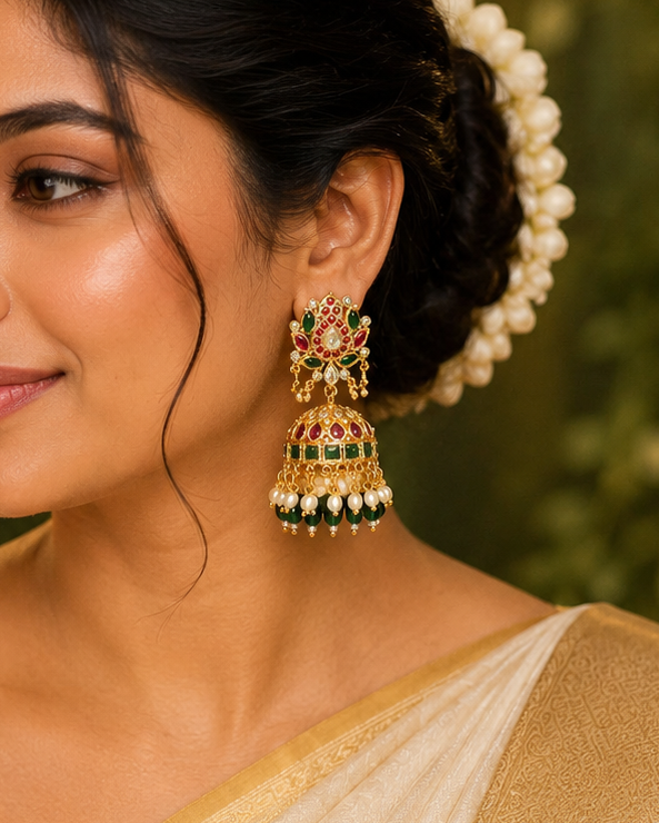 Gold Kundan Lotus Jhumka Earrings with Emerald & Ruby Drops | OL224