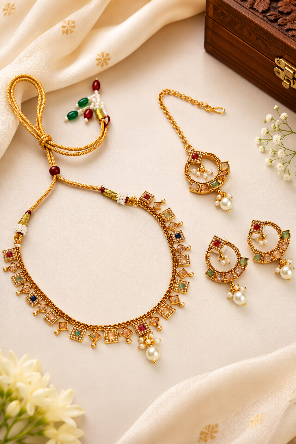 Gold  Multi-Colour Fringe Necklace Set with Chand Bali Earrings & Maang Tikka | OL258