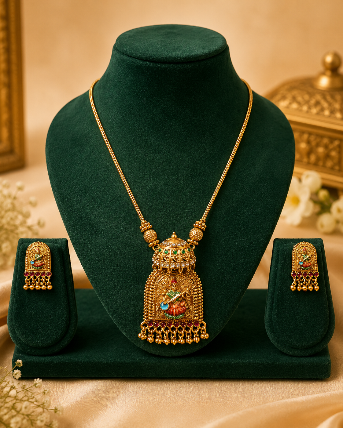 Antique Gold Nakshi Lakshmi Jhumka Dome Pendant Long Necklace Set with Enamel | OL123