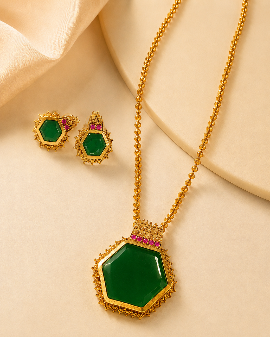 Traditional Green Stone Gold Beaded Necklace Set with Matching Earrings | ONK114