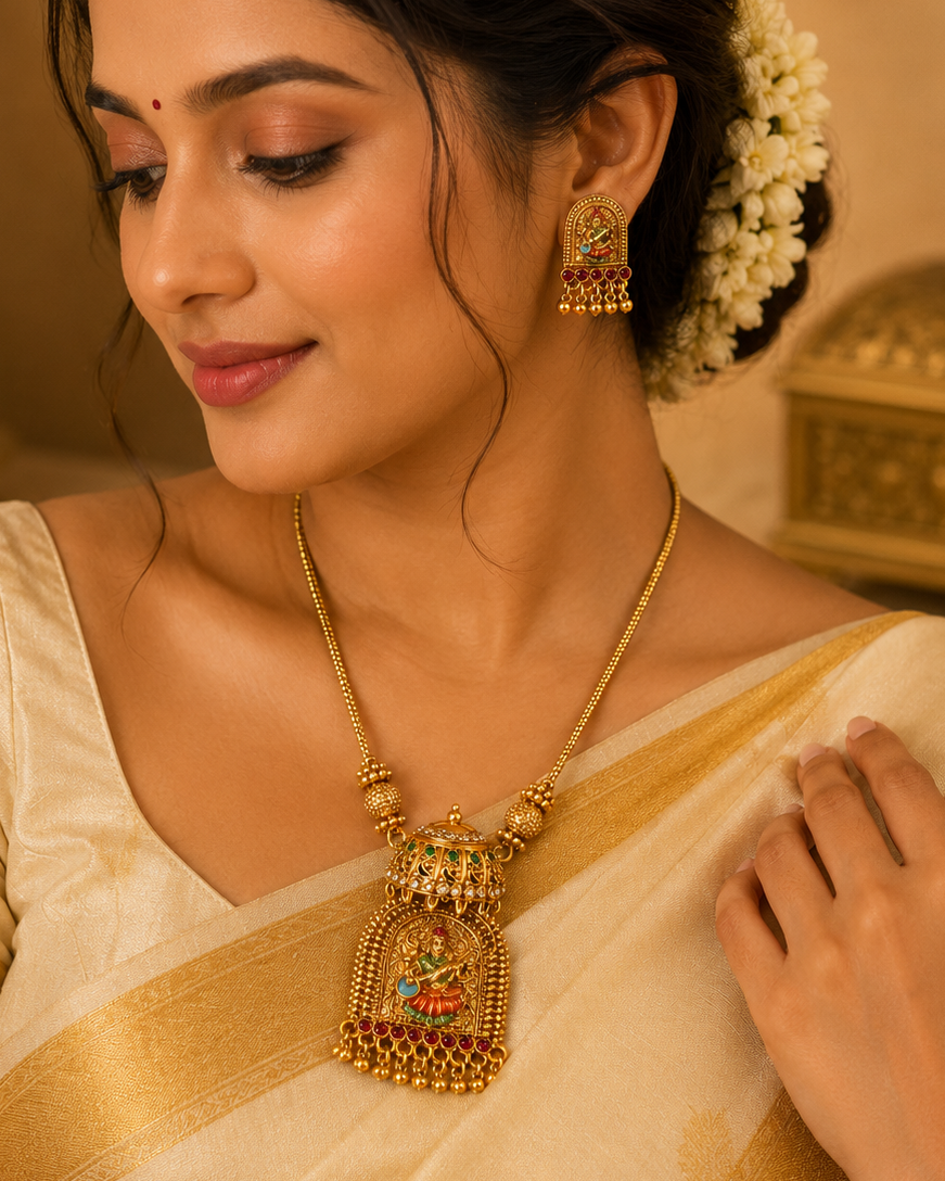 Antique Gold Nakshi Lakshmi Jhumka Dome Pendant Long Necklace Set with Enamel | OL123