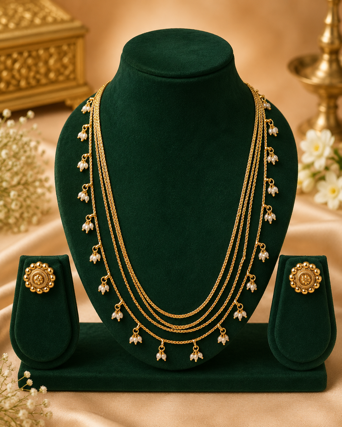 Antique Gold Four-Strand Box Chain Pearl Drop Long Necklace Set | OL122