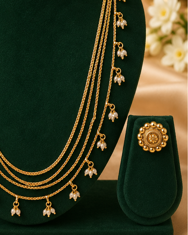 Antique Gold Four-Strand Box Chain Pearl Drop Long Necklace Set | OL122